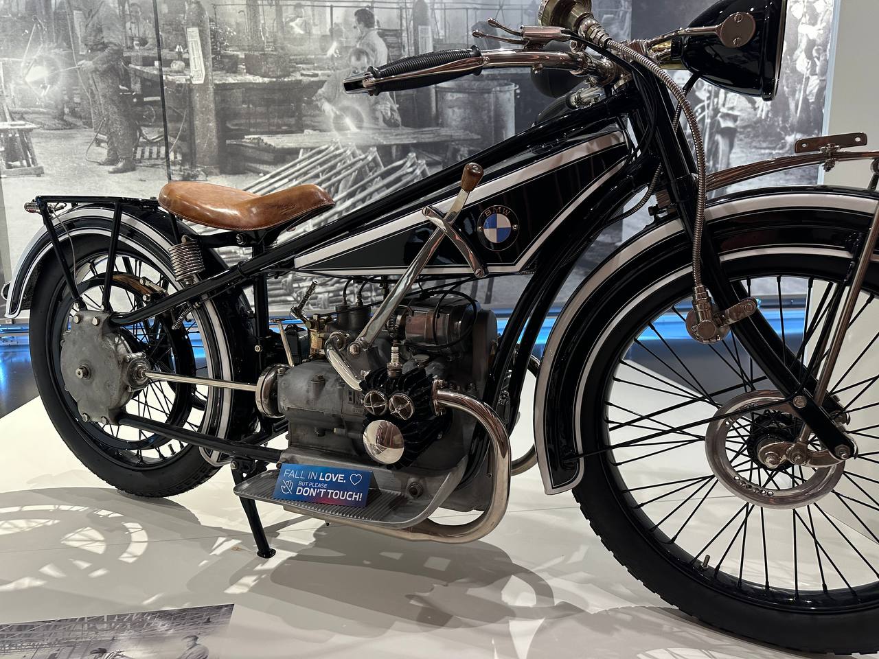A vintage BMW motorcycle from the company’s early history.